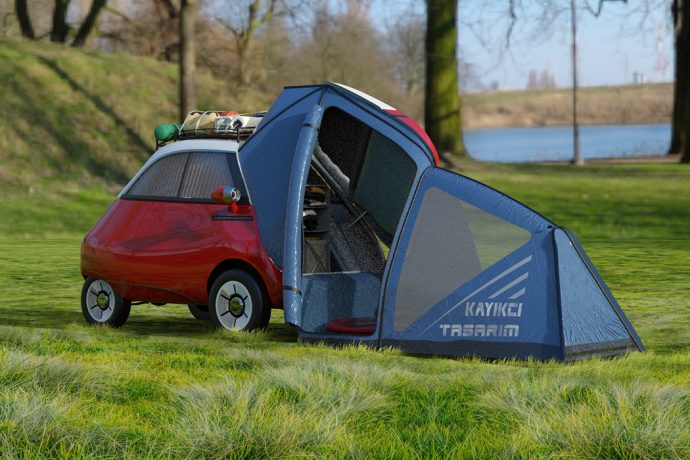 This tiny Microlino camper trailer with a retractable kitchen is for urban adventure seekers!
