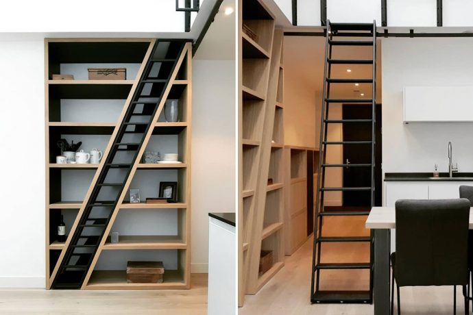 This bookshelf designed for a tiny home hides a sleek staircase. Watch the video!