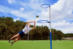 This unique portable sports game lets you play a hybrid of basketball and volleyball anywhere!