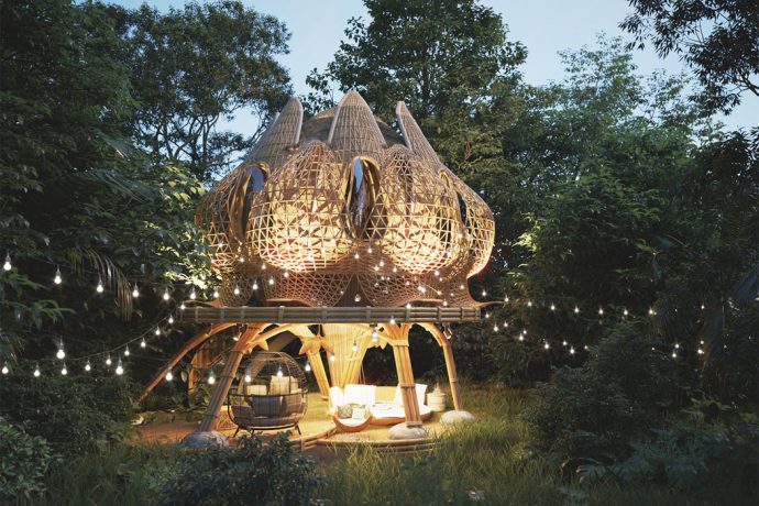 These bamboo villas curve into lotus flowers creating a Disney-worthy villa!