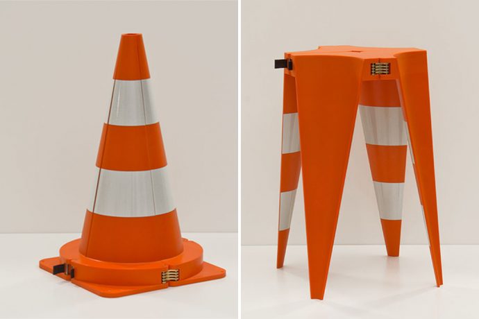 This traffic cone uses a one-of-a-kind transformation to become a stackable stool. Watch the video!