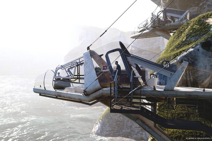 These wildlife-inspired futuristic cabins suspend off the cliffs like StarWars jets ready for takeoff!