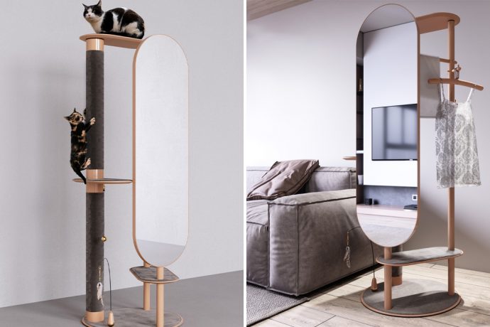 This cat tower doubles as a vanity area with a full-length mirror to make the most out of small spaces!