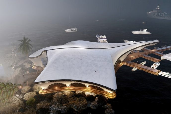Luxury Yacht Club shaped like a manta ray poises gracefully above the ocean