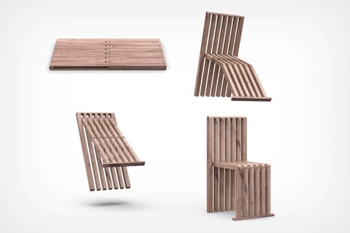 The ‘Pad’ transforms from a simple flat wooden slab to a complete folding chair!