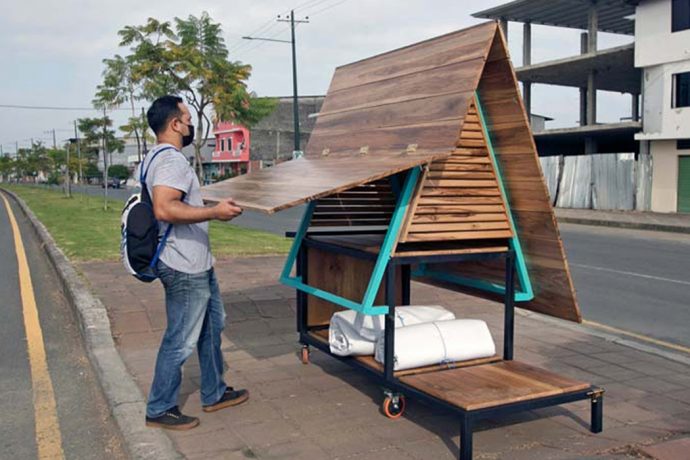 This tiny convertible A-frame structure is a part kiosk + part shelter designed to aid Ecuador’s unhoused population