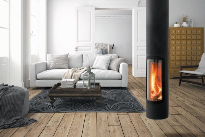 This sleek cylindrical fireplace suspends from the ceiling, giving your interiors a modern upgrade