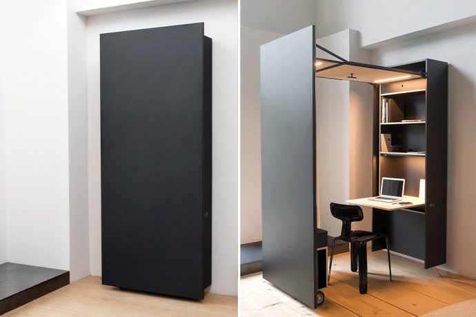 This slim wall cabinet opens into a sleek, modern, functional workspace!