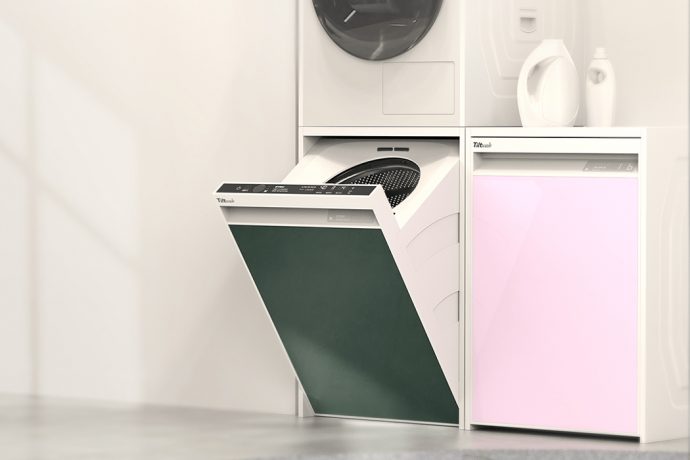 This washing machine tilts open so no need to bend and makes doing laundry super easy!