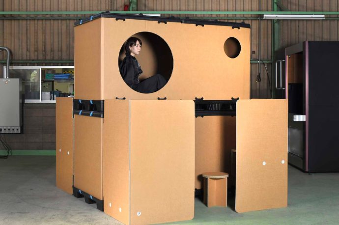 This Japanese capsule hotel-inspired cardboard emergency shelter unfolds to two levels!