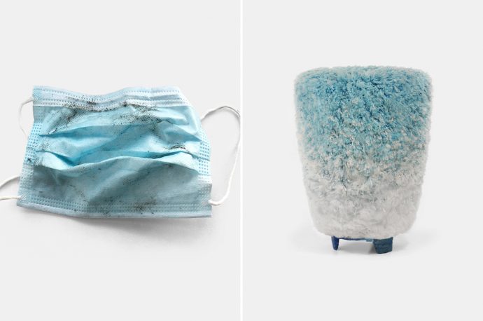 This recycled stool is created from 4000 disinfected and hand-spun disposable face masks!