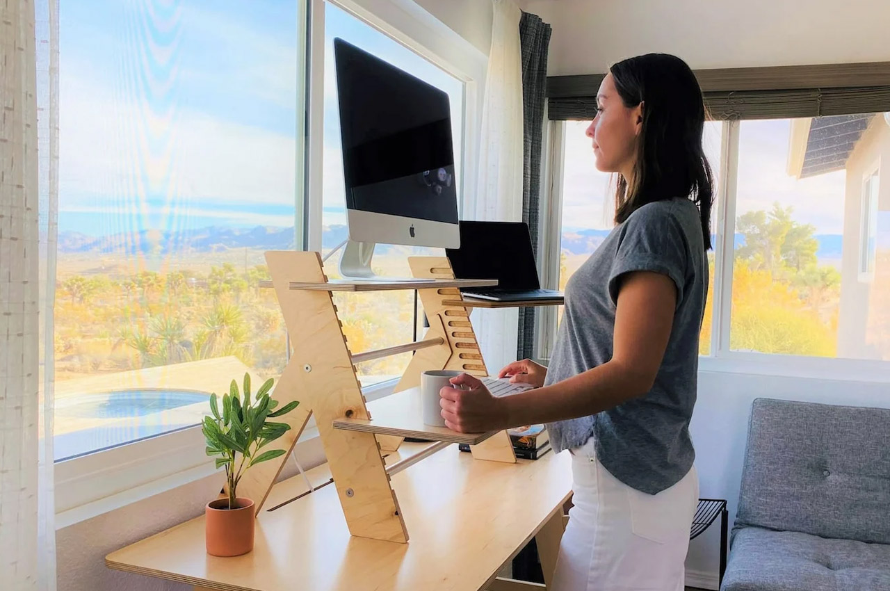 This ergonomic flatpack laptop stand transforming your setup into a standing desk is a 2021 must-have! - Yanko Design