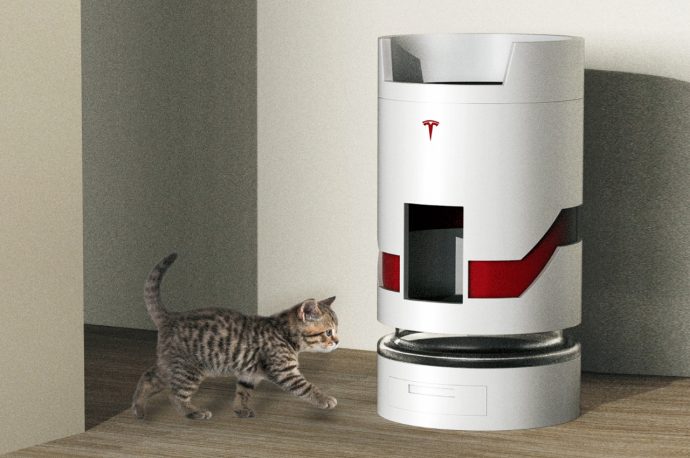 Meet the Tesla Model-L, a cat tower with an in-built litter box and green moss for your pet to lounge in futuristic style!