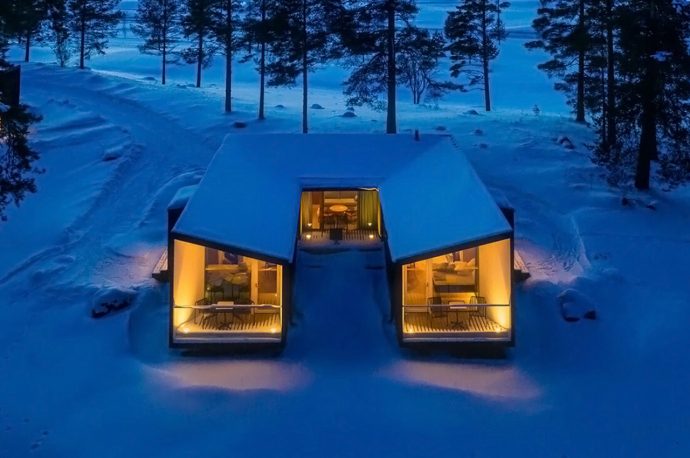 This micro resort in remote Finland is made from three prefab tiny timber cabins!