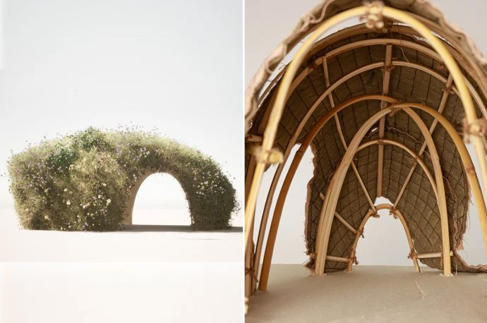 This tiny living home made from wheatgrass, jute, and felt brings nature into our brutal cityscape