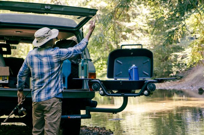 This swiveling, hitch-mounted grill makes setting up and cooking outdoor the easiest camping job ever!