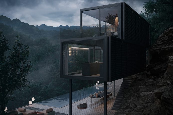 This all-black cabin finds balance between escape and mystery with floor-to-ceiling mountainside windows!