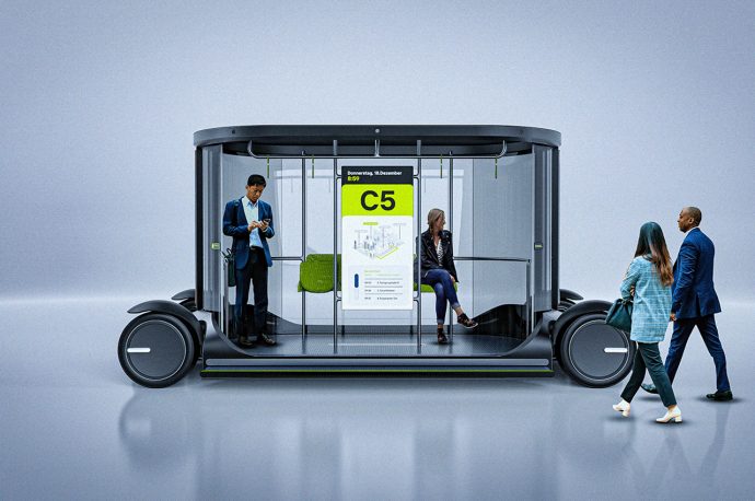 This autonomous shuttle bus reimagines last-mile commute with informative graphics and a minimal, transparent design