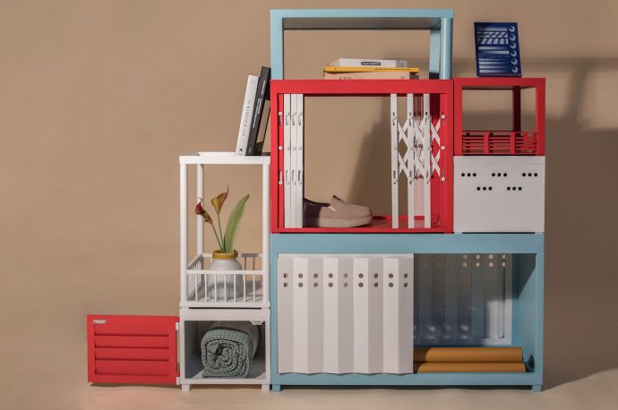 This modular shelf unit inspired by the architecture of Bangkok’s storefronts features scissor gates and accordion doors for prime storage!
