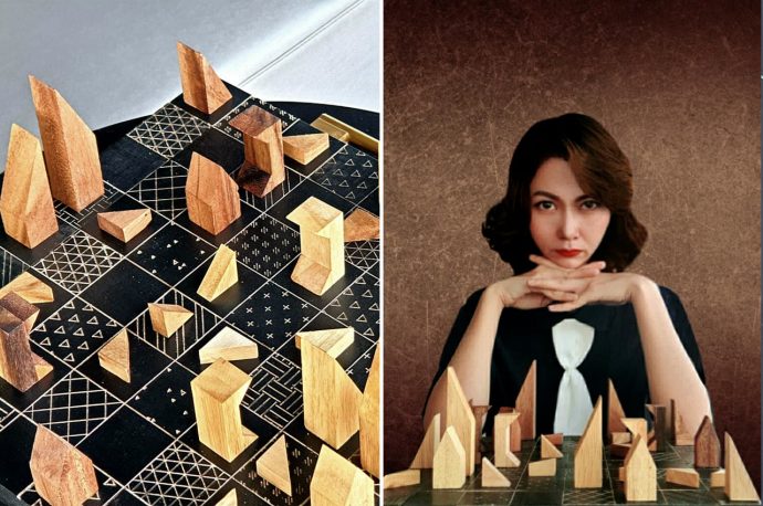 This wooden chess board inspired by ‘Queen’s Gambit’ features pieces modeled after the architecture of Bangkok!
