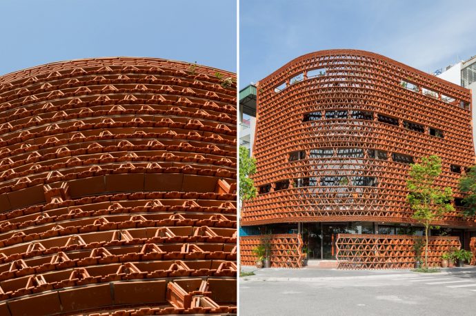 Built from repurposed roofing tiles, this exhibition space is inspired by natural cave dwellings and tree canopies!