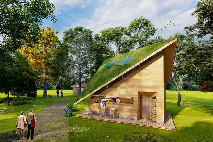 This rammed earth tiny home concept reinterprets farmhouses with a pitched green roof and photovoltaic panels!