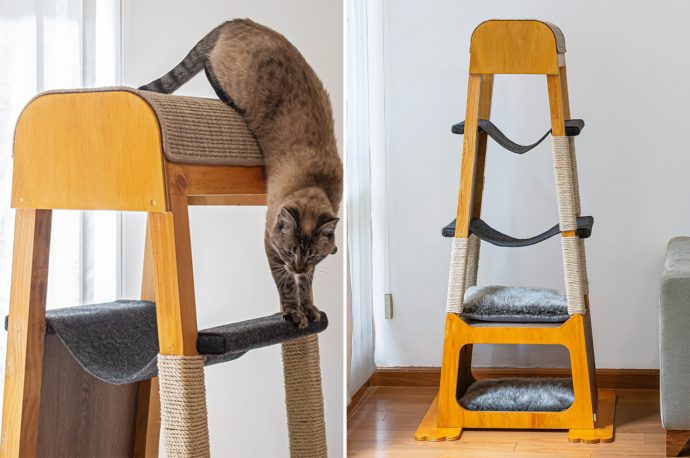This wooden cat tower will keep your cat entertained for hours and blends right into modern living rooms!
