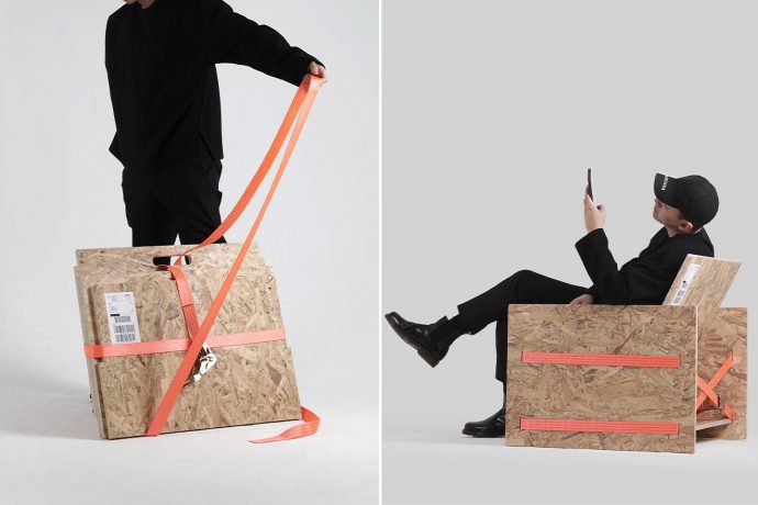 This chair is assembled with a cargo strap – no hardware, screws, no glue, no packaging!
