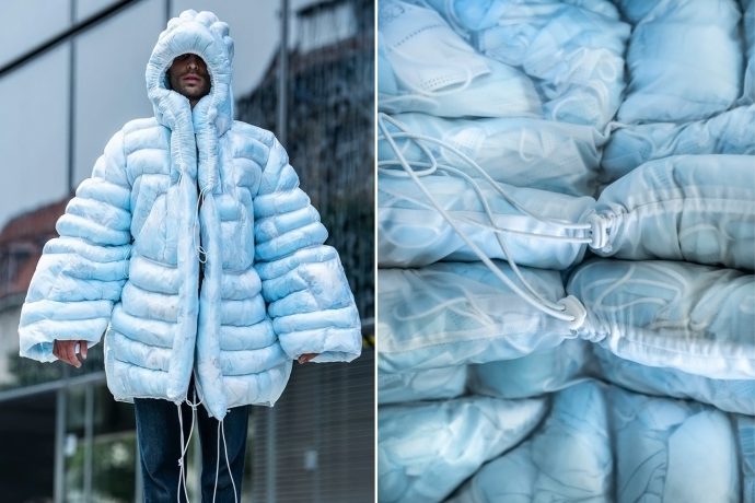 This puffer jacket is filled with single-use masks and shows the pandemic-related environmental issues!