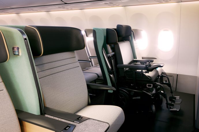 Disability-friendly Aircraft seat design by PriestmanGoode folds up to fit a wheelchair in its place
