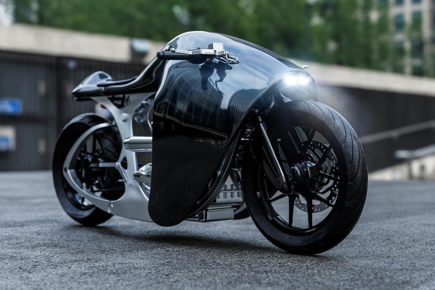 The Supermarine is an audaciously aerodynamic motorbike with an organic, manta-ray design