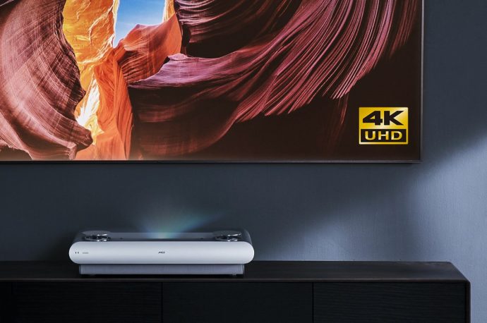 This 4K tri-color laser TV projector with 3D capabilities gives you a 100-inch wide screen right in the comfort of your living room
