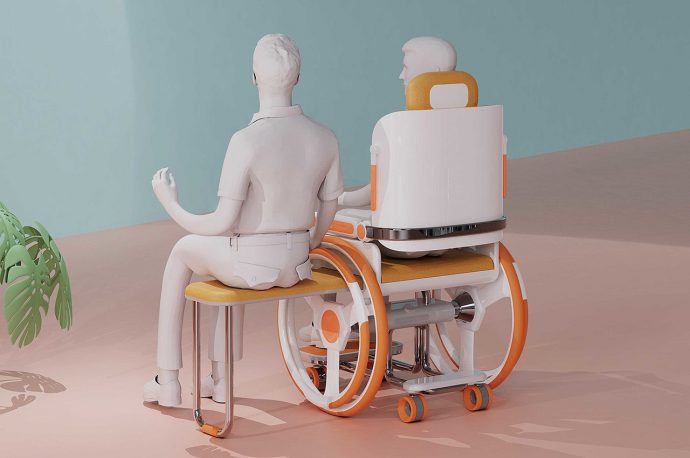 This foldable wheelchair has a concealed seat to help the wheelchair pusher rest