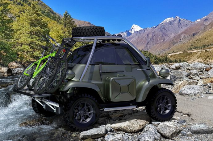 This Microlino off-roading vehicle is for adventure seekers who enjoy travelling with a tiny footprint!