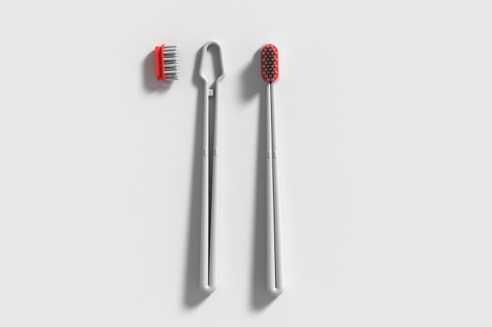 The replaceable heads of this minimal toothbrush are made from recycled thermoplastic!