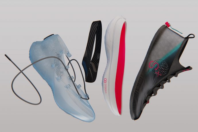 This modular basketball shoe 3D printed in parts for comfort, cushion and traction has a green heart