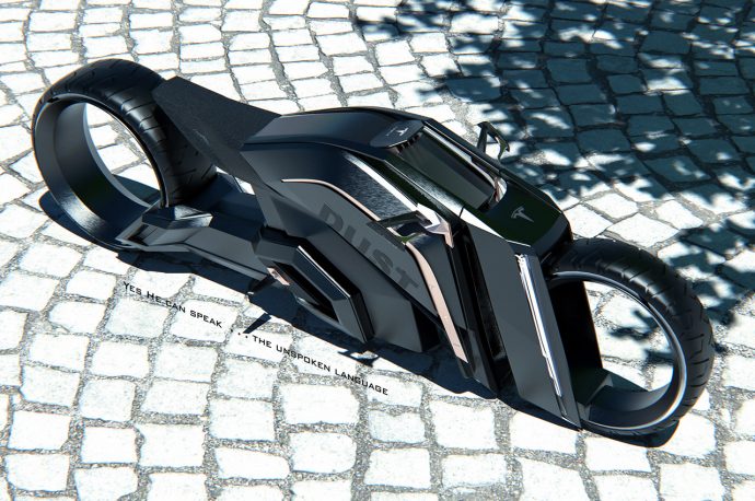 This Tron-inspired Tesla electric bike’s hubless wheels radiate a drag racing character