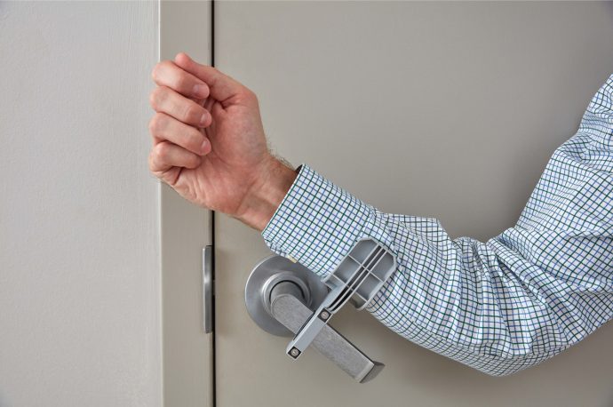 This door latch attachment is a great COVID-time invention, providing a safe, hands-free way of opening doors!