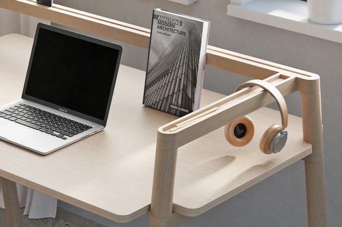 This sleek modern desk finds versatility and simplicity through a system of organizational wooden bars!