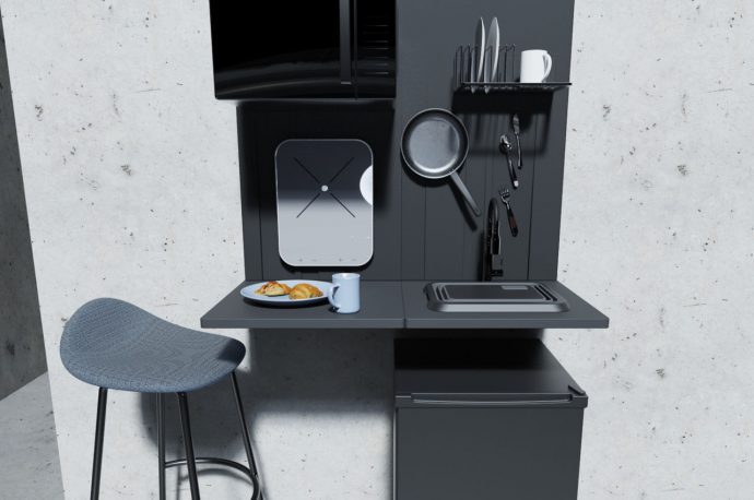 This tiny functional magnetic kitchen countertop makes optimum use of compact space