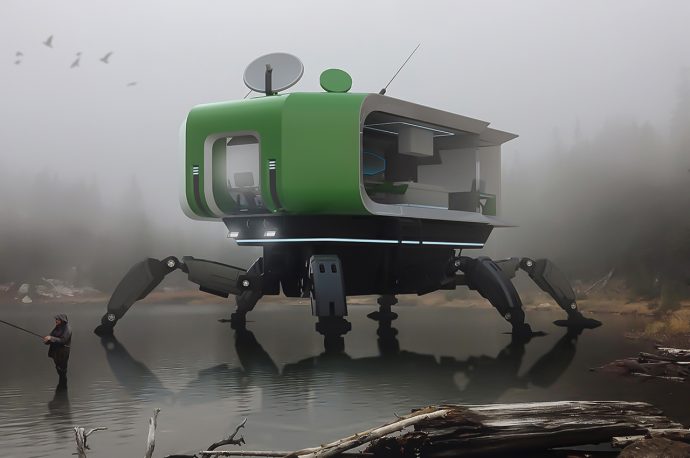This futuristic mobile home comes with mechanical legs to traverse the remote terrain of alien planets