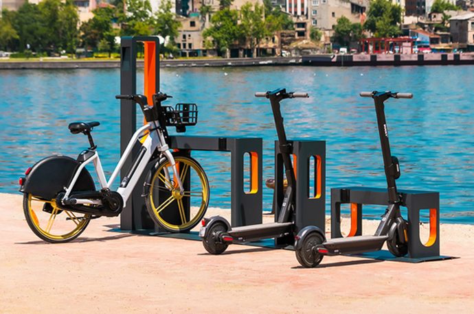 This micro-mobility charging station features universal power adapters to minimize the hardware used in going electric!