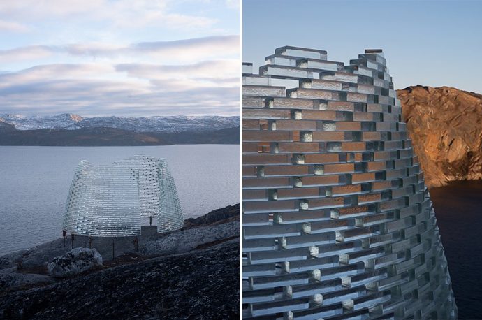 This almost-transparent public installation inspired by Greenland’s indigenous culture is constructed from glass bricks!