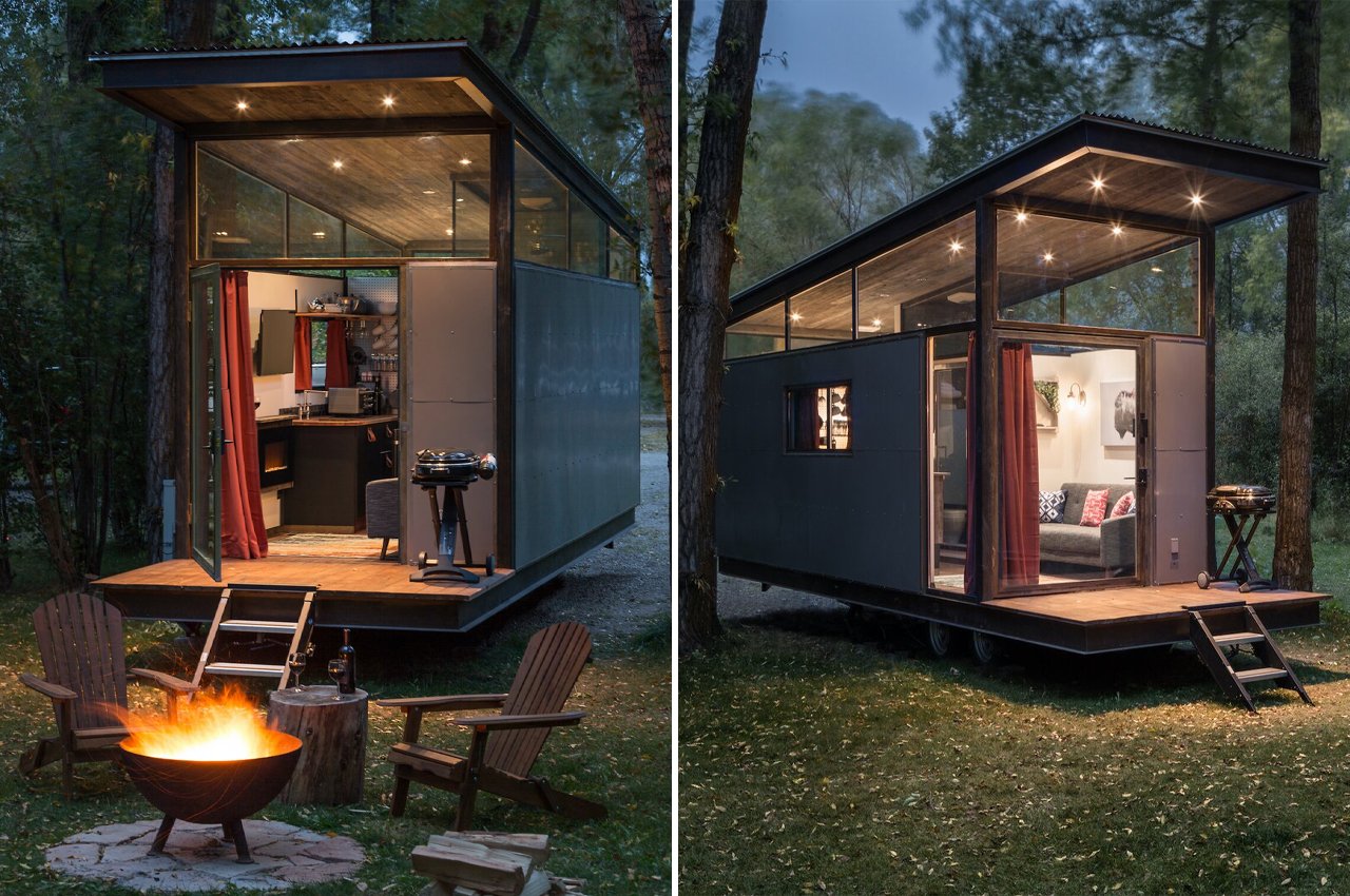 This 250sqf tiny cabin modeled after lofty log cabins finds height with a pitched roof and floor-to-ceiling windows!