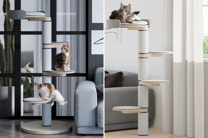 This flatpack cat tower comes with integrated scratching posts and a top bed for functionality and comfort!
