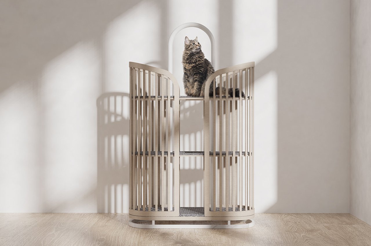 This three-tiered cat tower features wraparound banisters that give your pets a private nook rest - Yanko Design