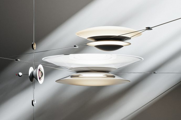 This saucer-shaped light fixture hangs by electric wires like a yo-yo to look as if it’s floating midair!