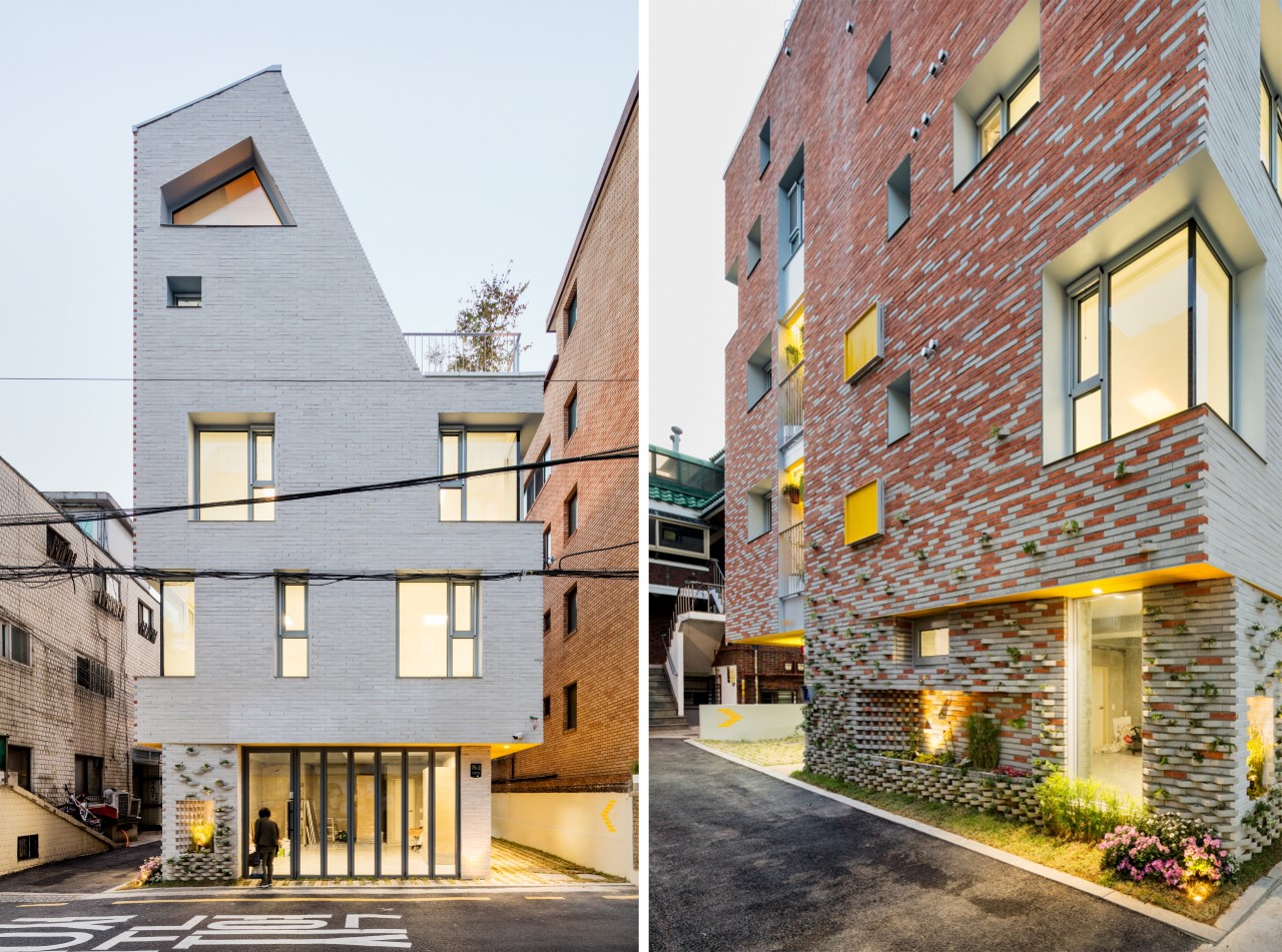 Creative brick design with a built-in planter turns the outer facade of this house into a vertical garden!