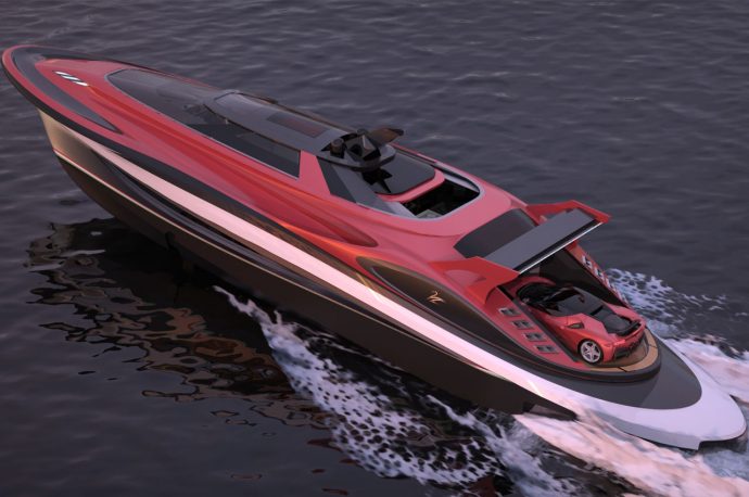 The folding rear deck of this Prancing Horse-inspired hyperyacht holds your Ferrari!