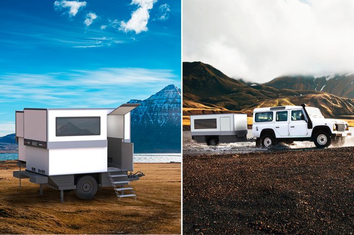 This compact off-road camper trailer expands to the size of a micro-cabin